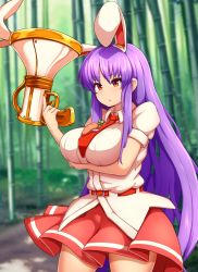 Rule 34 | 1girl, animal ears, bamboo, bamboo forest, blouse, breasts, carrot, cleavage, collared shirt, extra ears, forest, gun, highres, large breasts, long hair, lunatic gun, nature, necktie, peso (cheese company), purple hair, rabbit ears, rabbit girl, red eyes, red necktie, reisen udongein inaba, shirt, skirt, solo, thighs, touhou, trigger discipline, very long hair, weapon, white shirt
