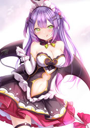 Rule 34 | 1girl, :q, bare shoulders, black dress, blush, breasts, cleavage, clothing cutout, commentary request, cowboy shot, demon girl, demon tail, dress, elbow gloves, gloves, green eyes, hair ornament, hairpin, highres, hololive, looking at viewer, maid headdress, medium breasts, midriff, multicolored hair, navel, o-ring, o-ring thigh strap, pink hair, purple eyes, single leg pantyhose, solo, standing, stomach, stomach cutout, tail, thigh strap, tokoyami towa, tongue, tongue out, two-tone hair, two side up, virtual youtuber, white background, white gloves, white legwear, wings, yuano