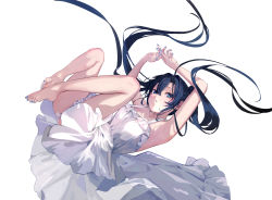 Rule 34 | 1girl, absurdres, armpits, arms up, bare arms, black hair, blue eyes, blue nails, breasts, dress, fingernails, frilled dress, frilled panties, frills, full body, hair between eyes, highres, knees to chest, knees up, long hair, looking at viewer, looking down, medium breasts, nail polish, original, panties, parted lips, shiromonefu, simple background, sleeveless, sleeveless dress, solo, sundress, toenail polish, toenails, underwear, upskirt, white background, white dress, white panties