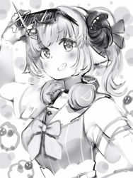Rule 34 | 1girl, animal ears, bad id, bad pixiv id, bare shoulders, bow, bowtie, curled horns, glint, greyscale, grin, hand up, headphones, headphones around neck, highres, hololive, horns, looking at viewer, monochrome, nanashi (nlo), sheep ears, sheep horns, shirt, smile, solo, sunglasses, tsunomaki watame, tsunomaki watame (street casual), twintails, upper body, virtual youtuber, wristband