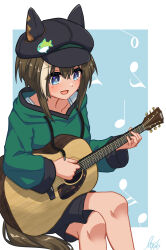 Rule 34 | 1girl, absurdres, animal ears, blush, breasts, brown hair, casual, cheval grand (umamusume), commentary request, crossed legs, guitar, hat, highres, horse ears, horse girl, horse tail, instrument, lexis yayoi, medium breasts, musical note, open mouth, playing guitar, shorts, signature, simple background, solo, tail, umamusume