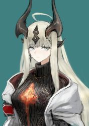 Rule 34 | 1girl, absurdres, ahoge, arknights, black sweater, blue background, blue eyes, blunt bangs, breasts, closed mouth, commentary, dragon horns, earrings, expressionless, fire, gnggp, hair ornament, highres, horns, jacket, jewelry, large breasts, long hair, looking at viewer, open clothes, open jacket, reed (arknights), ribbed sweater, sidelocks, silver hair, simple background, solo, straight hair, sweater, turtleneck, turtleneck sweater, upper body, white jacket