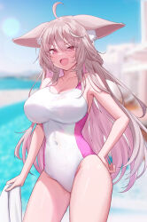 Rule 34 | 1girl, :d, ahoge, animal ear fluff, animal ears, armpits, bad id, bad twitter id, bare arms, bare shoulders, blurry, breasts, brown hair, check copyright, cleavage, collarbone, competition swimsuit, contrapposto, copyright request, covered navel, cowboy shot, depth of field, fang, floppy ears, fox ears, hair ornament, hairclip, hand on own hip, highres, holding, holding towel, impossible clothes, impossible swimsuit, large breasts, long hair, looking at viewer, one-piece swimsuit, open mouth, original, pink eyes, pn (wnsl216), smile, solo, standing, swimsuit, thighs, towel, v-shaped eyebrows, very long hair, wet, white one-piece swimsuit