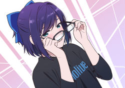 Rule 34 | 1girl, artist name, black-framed eyewear, black shirt, blue bow, blue hair, blush, bow, closed mouth, clothes writing, commentary, dated, dutch angle, eyelashes, flat chest, glasses, hair bow, highres, hololive, looking at viewer, purple background, removing eyewear, shirt, shiwasu takashi, short hair, short sleeves, signature, smile, solo, t-shirt, two-tone background, upper body, virtual youtuber, white background, a-chan (hololive)