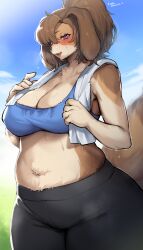 Rule 34 | 1girl, absurdres, animal ears, black pants, blue sky, body fur, breasts, brown fur, brown hair, cleavage, cloud, day, dog ears, dog girl, dog tail, fang, fangs, furry, furry female, highres, large breasts, looking at viewer, midriff, navel, open mouth, original, outdoors, pants, purple eyes, sky, solo, sports bra, suurin (ksyaro), sweat, tail, towel, towel around neck, twitter username