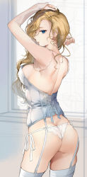 Rule 34 | 1girl, arm up, ass, azur lane, back, bare shoulders, blonde hair, blue eyes, blush, breasts, bustier, butt crack, cowboy shot, garter straps, hair over shoulder, hood (azur lane), kaguyuzu, large breasts, long hair, looking at viewer, panties, parted lips, shoulder blades, side-tie panties, solo, thighhighs, thighs, underwear, unfinished, wavy hair, white bustier, white panties