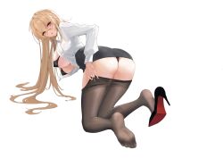 Rule 34 | 1girl, absurdres, all fours, ass, azur lane, black bra, black panties, blonde hair, bra, breasts, breasts out, brown pantyhose, clothes pull, collared shirt, covered erect nipples, full body, hair between eyes, highres, implacable (azur lane), implacable (shepherd of the &quot;lost&quot;) (azur lane), large breasts, long hair, long sleeves, miniskirt, office lady, official alternate costume, panties, pantyhose, pantyhose pull, partially unbuttoned, pencil skirt, red eyes, shirt, shoe dangle, shoes, shoot the submarine, single shoe, skirt, solo, thong, underwear, very long hair, white shirt, wing collar