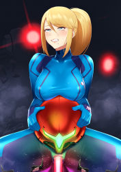 Rule 34 | 1girl, blonde hair, blue bodysuit, blue eyes, blush, bodysuit, breasts, censored, claws, clenched teeth, commentary, covered erect nipples, dark background, drooling, e.m.m.i. (metroid), female focus, furrowed brow, glowing, glowing eye, glowing headgear, hair between eyes, unworn headwear, helmet, unworn helmet, highres, holding, holding helmet, lips, lipstick, long hair, makeup, medium breasts, metroid, metroid dread, mole, mole under mouth, mosaic censoring, motion lines, nintendo, object insertion, ponytail, pussy, pussy juice, red lips, robot, rolling eyes, saliva, samus aran, sawasa, sex machine, sidelocks, signature, skin tight, solo focus, spread legs, sweatdrop, swept bangs, teeth, thick thighs, thighs, torn bodysuit, torn clothes, vaginal, vaginal object insertion, zero suit