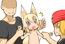 Rule 34 | 1girl, 2boys, ^^^, ahoge, animal ears, arm grab, bad id, bad pixiv id, bald, bandana, black shirt, blonde hair, blush stickers, collarbone, comic, earrings, evil smile, faceless, faceless male, fang, fox ears, fox girl, fox tail, greenteaneko, hair between eyes, highres, jewelry, light brown hair, long hair, multiple boys, muscular, no nipples, nude, open mouth, original, purple eyes, shaded face, shirt, short sleeves, silent comic, simple background, skull print, smile, tail, wavy mouth, white background