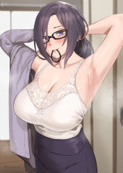 Rule 34 | 1girl, absurdres, adjusting hair, armpit lips, armpits, arms behind head, artist name, black hair, black skirt, blush, breasts, cleavage, closed mouth, collarbone, commentary, english commentary, grey jacket, hair tie in mouth, highres, huge breasts, indoors, jacket, kirinkirin, lace, lace trim, long hair, long sleeves, looking at viewer, mature female, mouth hold, off shoulder, original, pencil skirt, purple eyes, shirt, shirt tucked in, skirt, smile, solo, steam, steaming body, sweat, tying hair, white shirt