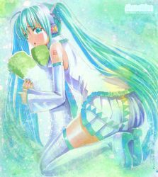 Rule 34 | 1girl, aqua eyes, aqua hair, boots, detached sleeves, hatsune miku, long hair, looking at viewer, looking back, mayo riyo, necktie, skirt, solo, spring onion, thigh boots, thighhighs, traditional media, twintails, very long hair, vocaloid