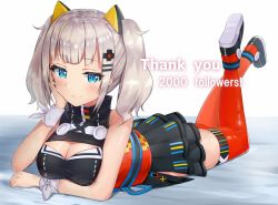 Rule 34 | 1girl, arm support, bare shoulders, black dress, black footwear, blue eyes, blush, breasts, cleavage, cleavage cutout, closed mouth, clothing cutout, commentary request, dress, hair ornament, hairclip, kaguya luna, large breasts, long hair, lying, milestone celebration, obi, on stomach, racchi., red thighhighs, sash, shoes, short dress, sidelocks, silver hair, sleeveless, sleeveless dress, smile, solo, thank you, the moon studio, thighhighs, twintails, virtual youtuber