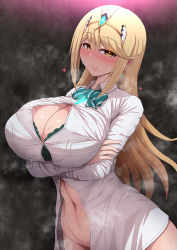 Rule 34 | 1girl, alternate costume, arms under breasts, blonde hair, blouse, blush, bra, bra peek, breasts, bursting breasts, cleavage, cleavage cutout, closed mouth, clothing cutout, collared shirt, commentary request, crossed arms, duplicate, earrings, gem, green bra, headpiece, highres, jewelry, large breasts, long hair, looking at viewer, mythra (xenoblade), navel, pixel-perfect duplicate, ponponmaru, shirt, solo, standing, steam, stomach, swept bangs, tiara, underwear, very long hair, white shirt, xenoblade chronicles (series), xenoblade chronicles 2, yellow eyes