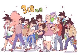 Rule 34 | 6+boys, alternate costume, apple, bag, bandana, bardock, black eyes, black hair, broly (dragon ball super), brothers, carrying, carrying bag, carrying over shoulder, clothes around waist, commentary request, crossed arms, dark-skinned male, dark skin, dated, denim, dragon ball, dragon ball super, dragon ball super broly, dragonball z, eating, father and son, food, fruit, full body, grandfather and grandson, jacket, jacket around waist, jeans, king vegeta, long hair, male focus, minion (1103 3), multiple boys, nappa, pants, petals, pig, profile, raditz, sandals, scar, shadow, shoes, short hair, shorts, siblings, simple background, sneakers, son gohan, son goku, son goten, spiked hair, trunks (dragon ball), tullece, uncle and nephew, vegeta, very long hair, walking, white background