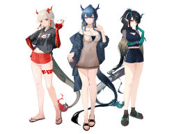 Rule 34 | 3girls, absurdres, alternate costume, arknights, bare legs, black hair, black shirt, black socks, blue eyes, blue hair, blue shorts, clothes writing, commentary request, covered navel, dress, dusk (arknights), feet, flip-flops, full body, grey dress, grin, highres, horns, legs, ling (arknights), long hair, looking at viewer, midriff, multiple girls, nian (arknights), ponytail, purple eyes, red shorts, sandals, shirt, short dress, short shorts, short sleeves, shorts, siblings, simple background, sisters, smile, socks, standing, strapless, strapless dress, tail, thighs, toenails, toes, white background, white hair, xiaobei