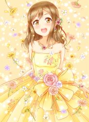 Rule 34 | 1girl, :d, bare shoulders, birthday, blush, collarbone, daisy, dress, floral background, floral print, flower, hair flower, hair ornament, happy birthday, hiro9779, jewelry, kunikida hanamaru, lavender flower, lavender rose, light brown hair, long hair, looking at viewer, love live!, love live! sunshine!!, necklace, open mouth, peach rose, pink flower, pink rose, red flower, rose, skirt hold, smile, solo, star (symbol), starry background, strapless, strapless dress, teeth, upper teeth only, wedding dress, white lily, yellow dress, yellow eyes, | |