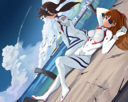 Rule 34 | 2girls, absurdres, ass, blue eyes, blue sky, bodysuit, breasts, cloud, day, evangelion: 3.0+1.0 thrice upon a time, eyepatch, hairpods, highres, interface headset, long hair, low twintails, lying, makinami mari illustrious, medium breasts, multiple girls, neon genesis evangelion, on back, orange hair, outdoors, pier, pilot suit, plugsuit, rebuild of evangelion, sitting, skin tight, sky, souryuu asuka langley, sui (aa6281809), twintails, two side up, white bodysuit