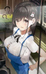 Rule 34 | &gt; &lt;, 1girl, ?, ??, apron, black hair, blue apron, blush, bra visible through clothes, breasts, brown eyes, button gap, center frills, commentary request, frilled shirt, frills, from side, hair ornament, highres, lens flare, long hair, looking at viewer, looking to the side, medium breasts, niii (memstapak), original, parted lips, rabbit hair ornament, shirt, short sleeves, solo, upper body, white shirt