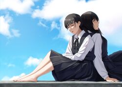 2girls barefoot black_dress black_hair black_ribbon blue_sky chainsaw_man closed_eyes cloud cloudy_sky collared_shirt day dress highres knees_up matomo mitaka_asa multiple_girls neck_ribbon pinafore_dress ribbon scar scar_on_face shirt sky sleeveless sleeveless_dress toenails toes white_shirt yoru_(chainsaw_man)