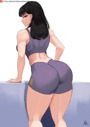 Rule 34 | 1girl, ass, bare shoulders, black hair, breasts, en&#039;en no shouboutai, huge ass, large breasts, long hair, looking at viewer, looking back, maki oze, purple eyes, shorts, sideboob, skin tight, sleeveless, smile, solo, sports bra, thick thighs, thighs, white background, xhaart