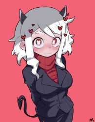 Rule 34 | 1girl, arms behind back, black jacket, black skirt, blush, breasts, closed mouth, commentary, demon girl, demon horns, demon tail, formal, heart, heart-shaped pupils, helltaker, highres, horns, jacket, looking at viewer, medium breasts, modeus (helltaker), nose blush, red background, red eyes, red sweater, signature, simple background, skirt, solo, suit, sweater, symbol-shaped pupils, tail, thick eyebrows, tosyeo, turtleneck, turtleneck sweater, wavy mouth