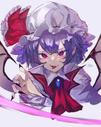 Rule 34 | 1girl, ascot, bat wings, black nails, commentary, cropped torso, fang, fingernails, hat, hat ribbon, long fingernails, looking at viewer, mob cap, nari (bikkii), pointy ears, pointy hair, purple hair, red ascot, red ribbon, remilia scarlet, ribbon, short hair, slit pupils, tongue, tongue out, touhou, white hat, wings