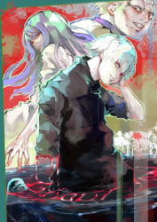 Rule 34 | 1girl, 2boys, absurdres, amputee, black shirt, blonde hair, blood, brown background, commentary request, dress, flower, grey dress, grin, hand in own hair, hand up, highres, jacket, kamishiro rize, kaneki ken, kyuuba melo, long hair, looking back, multiple boys, official style, omori yakumo, purple hair, red background, shirt, short hair, smile, spider lily, teeth, tokyo ghoul, wading, water