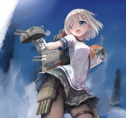 Rule 34 | 10s, 1girl, black pantyhose, blue eyes, blush, breasts, female focus, finger on trigger, gloves, hair ornament, hair over one eye, hairclip, hamakaze (kancolle), kachayori, kantai collection, large breasts, machinery, open mouth, pantyhose, pleated skirt, school uniform, serafuku, short hair, silver hair, skirt, solo, thigh strap, turret, white gloves