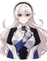 Rule 34 | 1girl, armor, black hairband, blue cape, breastplate, cape, closed mouth, commentary, corrin (female) (fire emblem), corrin (fire emblem), cropped torso, fire emblem, fire emblem fates, grey hair, hairband, highres, long hair, looking at viewer, nintendo, pointy ears, red eyes, shinae, simple background, smile, solo, twitter username, very long hair, white background