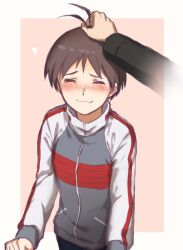 Rule 34 | 1boy, 1girl, :3, androgynous, antenna hair, black hair, black jacket, blush, border, breasts, clenched hand, closed eyes, closed mouth, commentary, facing viewer, grey jacket, happy, heart, idolmaster, idolmaster (classic), idolmaster 1, jacket, kikuchi makoto, long sleeves, mihen, multicolored clothes, multicolored jacket, nose blush, outside border, pink background, pov, pov hands, producer (idolmaster), raglan sleeves, raised eyebrows, red jacket, ruffling hair, short hair, simple background, single horizontal stripe, single vertical stripe, small breasts, smile, solo, solo focus, suit jacket, tomboy, upper body, very short hair, white border, white jacket