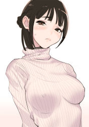 Rule 34 | 1girl, arms behind back, black hair, blush, braid, breasts, brown eyes, closed mouth, commentary request, covered erect nipples, dytm, french braid, gradient background, highres, looking at viewer, medium breasts, no bra, original, ribbed sweater, short hair, simple background, solo, sweatdrop, sweater, turtleneck, upper body, white sweater