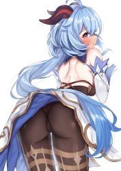 Rule 34 | 1girl, ahoge, ass, back, bad id, bad twitter id, bare shoulders, bent over, black pantyhose, blue hair, breasts, brown pantyhose, cowboy shot, detached sleeves, from behind, ganyu (genshin impact), genshin impact, goat horns, gold trim, highres, horns, long hair, long sleeves, looking at viewer, looking back, low ponytail, medium breasts, nemun (tamizzz), panties, pantyhose, parted lips, profile, red eyes, shoulder blades, simple background, solo, standing, thighs, underwear, very long hair, waist cape, white background