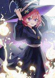 Rule 34 | 1girl, absurdres, arms up, bandaid, bandaid on clothes, belt, black hat, commentary, dress, fire, grin, halloween, hat, highres, jewelry, kim nag-seo, long sleeves, looking at another, looking at viewer, mole, mole under eye, necklace, original, pendant, pink hair, pointy ears, purple eyes, shirt, short hair, smile, solo, star (sky), teeth, upper teeth only, white shirt, witch, witch hat