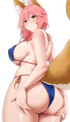 Rule 34 | 1girl, absurdres, animal ears, arind yudha, ass, ass support, bare shoulders, bikini, blue bikini, blush, breasts, closed mouth, fate/grand order, fate (series), fox ears, fox girl, fox tail, highres, large breasts, looking at viewer, looking back, pink hair, side-tie bikini bottom, simple background, smile, solo, swimsuit, tail, tamamo (fate), tamamo no mae (fate/extra), tamamo no mae (swimsuit lancer) (fate), underboob, white background, yellow eyes