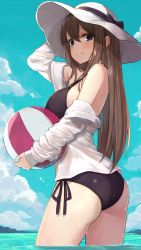 Rule 34 | 1girl, arm up, ass, ball, bare shoulders, beachball, bikini, black bikini, black bow, black ribbon, blue eyes, blue sky, blush, bow, breasts, brown hair, closed eyes, cloud, commentary request, cowboy shot, day, from behind, grey hat, grey jacket, hair between eyes, hat, hat bow, highres, holding, holding ball, jacket, kou v05first, large breasts, long hair, long sleeves, looking at viewer, looking back, ocean, off shoulder, open clothes, open jacket, original, outdoors, polka dot, polka dot bikini, ribbon, side-tie bikini bottom, sky, smile, solo, standing, straight hair, sun hat, swimsuit, wading, water