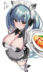 Rule 34 | 1girl, absurdres, animal ears, apron, black dress, blue hair, blush, breasts, cat ears, cleavage, dress, embarrassed, fake animal ears, food, from above, gloves, goddess of victory: nikke, highres, holding, holding plate, ketchup, kurono suzuran, large breasts, light blue hair, long hair, maid, maid headdress, neck bell, official alternate costume, omelet, omurice, paw hair ornament, plate, privaty (nikke), privaty (unkind maid) (nikke), solo, twintails, very long hair, white apron, white gloves, yellow eyes