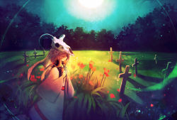 Rule 34 | 1girl, animal skull, animal skull on head, apo1234, apou, bad id, bad pixiv id, cross, closed eyes, feet out of frame, flat chest, flower, full moon, graveyard, lens flare, long hair, moon, night, outdoors, solo, standing, wide sleeves