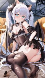 1girl absurdres animal_ear_legwear animal_ears aqua_eyes azur_lane black_scrunchie black_tail black_thighhighs breasts cat_ear_legwear cat_ears cleavage covered_navel demon_tail demon_wings fake_animal_ears halloween halloween_costume highres jack-o&#039;-lantern janus_(azur_lane) janus_(fright-night_scaredy-cat)_(azur_lane) long_hair looking_at_viewer official_alternate_costume panties proverbs_zhenyan pumpkin scrunchie see-through_clothes small_breasts solo tail thighhighs torn_clothes torn_thighhighs twintails underwear white_hair white_panties wings wrist_scrunchie