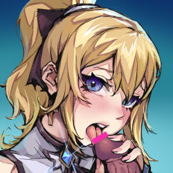 1boy 1girl absurdres bar_censor blonde_hair blue_eyes blush bow censored cross cross_earrings earrings fellatio genshin_impact hair_bow half-closed_eyes hetero highres jean_(genshin_impact) jewelry joshua_(tubie) looking_at_viewer open_mouth oral penis ponytail portrait tongue