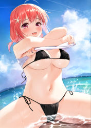 Rule 34 | 1girl, :d, ahoge, beach, bikini, bikini under clothes, black bikini, blue sky, blush, breasts, clothes lift, cloud, cloudy sky, covered erect nipples, day, hair between eyes, hair ornament, highres, large breasts, lifting own clothes, looking at viewer, medium hair, melonbooks, micro bikini, mole, mole on breast, navel, ocean, open mouth, outdoors, panties, partially submerged, purple eyes, red hair, shirt, shirt lift, side-tie bikini bottom, side-tie panties, sitting, sky, sleeveless, sleeveless shirt, smile, solo, starfish hair ornament, stomach, swimsuit, umakuchi shouyu, underwear, undressing, water, wet, white shirt