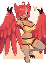 Rule 34 | 1girl, absurdres, ahoge, animal ears, bare shoulders, bird ears, bird legs, blush, breasts, claws, cleavage, commentary, daigada, english commentary, fang, feathered wings, feathers, green eyes, hair over one eye, harpy, highres, large breasts, long hair, looking at viewer, midriff, monster girl, navel, notice lines, open mouth, original, red feathers, red hair, red wings, shorts, skin fang, solo, spaghetti strap, talons, tan, tank top, two-tone background, white background, winged arms, wings, yellow background, yellow shorts, yellow tank top