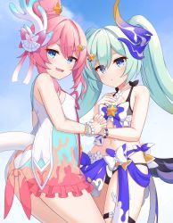 Rule 34 | 2girls, :d, :o, absurdres, bare shoulders, bikini, black bikini, blue eyes, blush, bow, bracelet, breasts, commentary request, day, fang, ginka (gink a), green hair, hair between eyes, hair bun, hair ornament, hand up, highres, holding hands, honkai (series), honkai impact 3rd, interlocked fingers, jewelry, liliya olenyeva, long hair, multiple girls, open mouth, outdoors, parted lips, pearl bracelet, pink bow, pink hair, rozaliya olenyeva, see-through, single hair bun, small breasts, smile, star (symbol), star hair ornament, swimsuit, tail, twintails, very long hair, white bikini, white bow