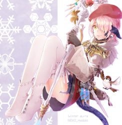 Rule 34 | 1girl, ankle boots, artist name, au ra, beret, bird, boots, dragon girl, dragon horns, dragon tail, final fantasy, final fantasy xiv, gloves, hair over one eye, hat, high heels, highres, horns, lili mdoki, looking at viewer, pink hair, pouch, scales, sitting, skirt, smile, snowflakes, solo, staff, tail, thighhighs, vial, white thighhighs, yellow eyes