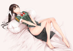 Rule 34 | 10s, 1girl, bare legs, barefoot, bed sheet, belt, between legs, black eyes, black hair, body pillow, bow, bowtie, buttons, dutch angle, feet, from above, gradient background, hair ribbon, hand between legs, highres, indoors, kantai collection, legs, long hair, long skirt, looking at viewer, lying, no panties, on back, parted lips, pelvic curtain, pencil skirt, pillow, revision, ribbon, shirt, short sleeves, side slit, skirt, solo, toe scrunch, toes, tone (kancolle), tone kai ni (kancolle), tsukino wagamo, twintails, v arms, wing collar