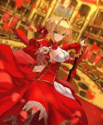 Rule 34 | 10s, 1girl, aestus domus aurea, aestus estus, ahoge, ashiwara yuu, blonde hair, blurry, blurry background, blurry foreground, blush, braid, breasts, butt crack, cleavage, closed mouth, commentary request, depth of field, dress, epaulettes, fate/extra, fate (series), green eyes, hair between eyes, hair bun, hair intakes, hair ribbon, juliet sleeves, large breasts, long sleeves, looking at viewer, looking to the side, nero claudius (fate), nero claudius (fate) (all), nero claudius (fate/extra), petals, puffy sleeves, red dress, red ribbon, ribbon, sidelocks, single hair bun, smile, solo, standing