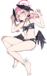 Rule 34 | 1girl, barefoot, bikini, black bikini, black wings, blue archive, blush, closed mouth, collarbone, feathered wings, flat chest, floral print, flying sweatdrops, halo, head wings, highres, koharu (blue archive), koharu (swimsuit) (blue archive), long hair, low twintails, navel, pink eyes, pink hair, pink halo, simple background, solo, swimsuit, tamago (eva1314056), twintails, white background, wings