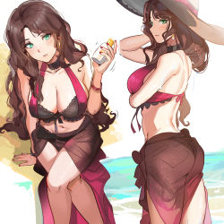 Rule 34 | 1girl, aqua eyes, ass, back, bare shoulders, bikini, blush, breasts, brown hair, cleavage, collarbone, dorothea arnault, fire emblem, fire emblem: three houses, fire emblem heroes, hat, highres, large breasts, long hair, looking at viewer, nail polish, navel, nintendo, ormille, parted lips, sarong, sitting, sun hat, swimsuit