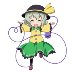 Rule 34 | 1girl, ^ ^, ^o^, bow, cato (monocatienus), closed eyes, frills, green hair, hat, hat bow, heart, heart of string, komeiji koishi, outstretched arms, smile, solo, third eye, touhou, wide sleeves