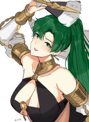 Rule 34 | 1girl, absurdres, bare shoulders, breasts, cleavage, cosplay, fire emblem, fire emblem: the blazing blade, fire emblem awakening, fire emblem heroes, green eyes, green hair, hair ornament, high ponytail, highres, jewelry, large breasts, long hair, looking at viewer, lyn (fire emblem), midriff, nintendo, olivia (fire emblem), olivia (fire emblem) (cosplay), open mouth, ormille, ponytail, smile, solo, upper body