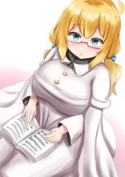 Rule 34 | 1girl, :o, absurdres, blonde hair, blue eyes, blue ribbon, book, breasts, coat, dress, from above, glasses, gloves, gradient background, green eyes, hair ribbon, hat, highres, i-8 (kancolle), kantai collection, large breasts, looking up, low twintails, medium hair, official alternate costume, peaked cap, pink background, red-framed eyewear, ribbon, semi-rimless eyewear, sinape, solo, twintails, under-rim eyewear, white dress, white gloves